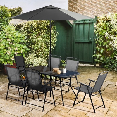 Outsunny 8 Piece Black Patio Dining Set with Umbrella