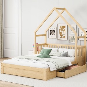 GDFStudio Jamie Wood Queen Size House Platform Bed with Guardrail and 2 Drawers - 1 of 4