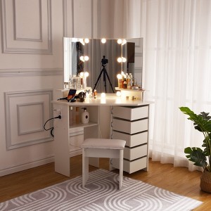 Makeup Vanity Desk Set, Corner Vanity Desk with Stool, 5 Rotating Drawers, Brightness Adjustable, for Bedroom, Living Room - 1 of 4
