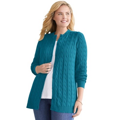 Woman Within Cotton Cable Knit Cardigan Sweater
