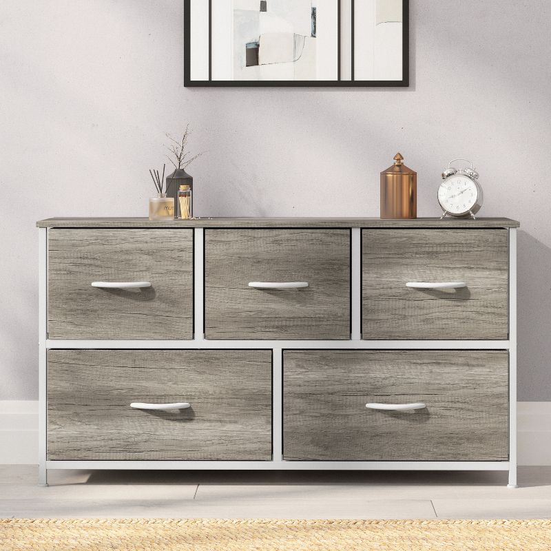 Emma and Oliver 5 Drawer Storage Dresser with Cast Iron Frame, Wood Top, and Easy Pull Fabric Drawers with Wooden Handles, 4 of 12