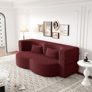 Okak Modern Convertible Sectional Sofa Couch Floor Sofa with 2 Pillows Teddy Fabric Upholstered Sofa Folding Mattress No Assembly Required, Burgundy - 1 of 4