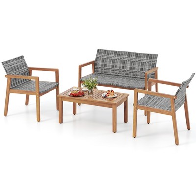 Tangkula 4-Piece Patio Furniture Set PE Rattan Patio Bistro Set with Loveseat Single Chairs & Coffee Table Outdoor Acacia Wood Conversation Set