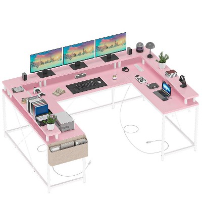 U Shaped Computer Gaming Desk, Reversible L Shaped Desk w/Monitor Stand, Large Corner Desk w/Storage Shelves for Home Office