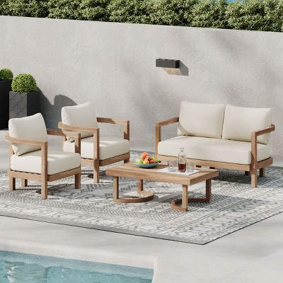 4 Piece Modern Acacia Wood Patio Sofa Set,Outdoor Patio Furniture Conversation Sets with Cushion,Garden Lounge Set for Backyard,Porch-Coolbibila