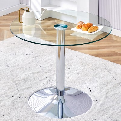 DOMETOUR 35-inch Glass Top Modern Round Dining Table with Silver Metal Legs for Dining, Living, or Meeting Rooms