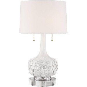 Possini Euro Design Natalia Modern Country Cottage Table Lamp with Round Riser 28 1/2" Tall White Floral Ceramic Drum Shade for Bedroom Living Room - 1 of 4