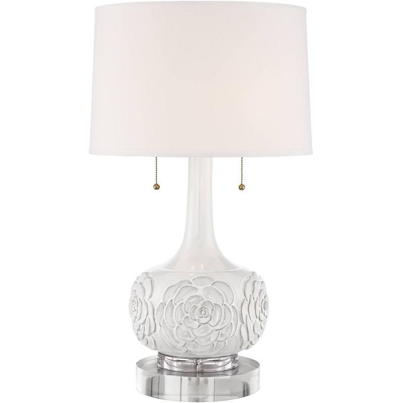 Possini Euro Design Natalia Modern Country Cottage Table Lamp with Round Riser 28 1/2" Tall White Floral Ceramic Drum Shade for Bedroom Living Room, 1 of 6