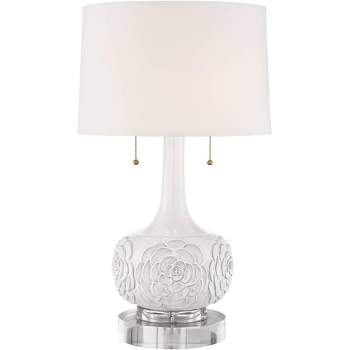 Possini Euro Design Natalia Modern Country Cottage Table Lamp with Round Riser 28 1/2" Tall White Floral Ceramic Drum Shade for Bedroom Living Room