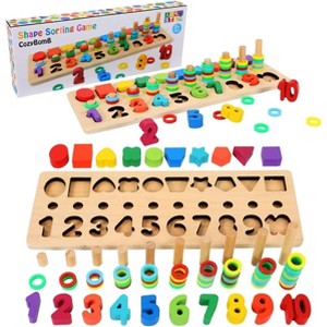 Wooden Number and Shape Sorting Toy, Montessori Math Stacking Game for Preschool Kids Rainbow - 1 of 4