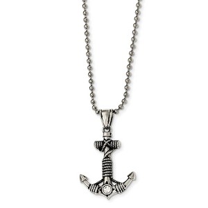 Black Bow Jewelry Polished and Antiqued CZ Anchor Necklace in Stainless Steel, 20 Inch - 1 of 4