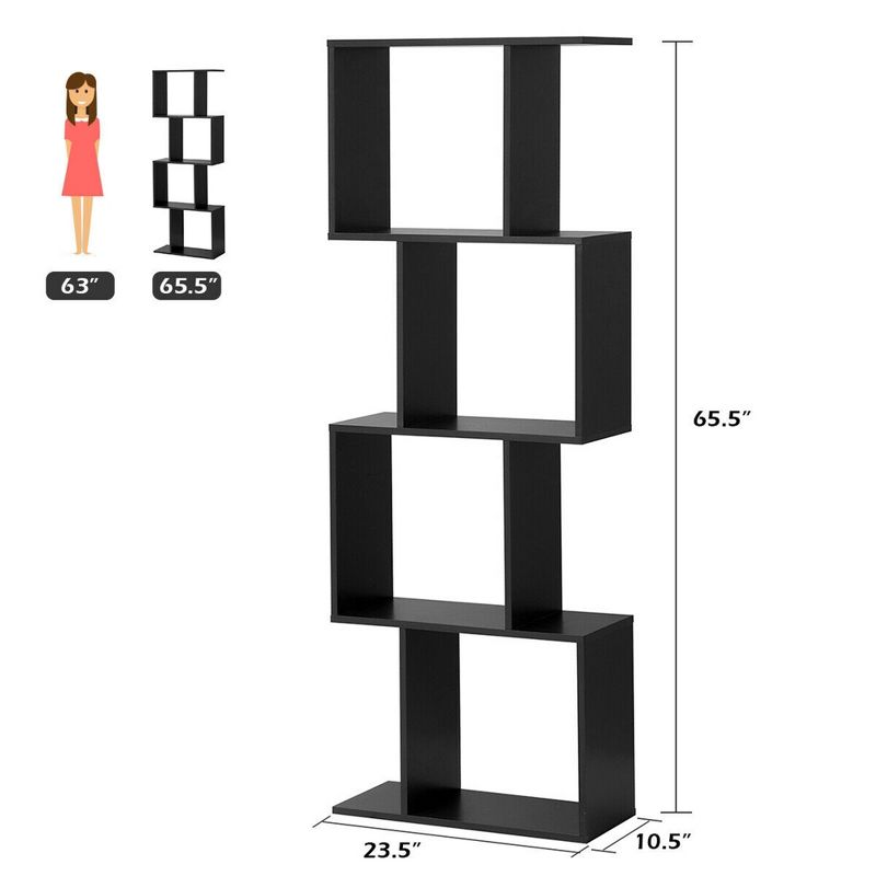 Costway 4-tier S-Shaped Bookcase Free Standing Storage Rack Wooden Display Decor Black, 2 of 11