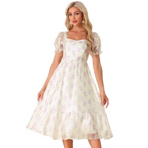 Allegra K Women's Floral Organza Square Neck Puff Short Sleeve Midi Dresses - 1 of 4
