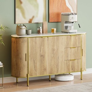 CuisinSmart Fluted Sideboard Buffet Cabinet, 60'' Wood Buffet Storage Cabinet Credenza with 3 Drawers+Adjustable Shelves for Living&Dining Room, Oak - 1 of 4