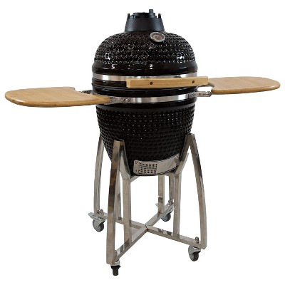 Image of Sunnydaze Ceramic Charcoal Kamado Grill and Smoker with Side Tables and Wheels - Black