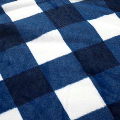 Navy and White Plaid Faux Fur Twin Comforter Set