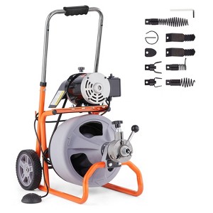 VEVOR Drain Cleaner Machine 100FT x 3/8 Inch, Auto Feed Sewer Snake Drain Auger on Wheels, Portable Drain Cleaning Machine, Gray - 1 of 4
