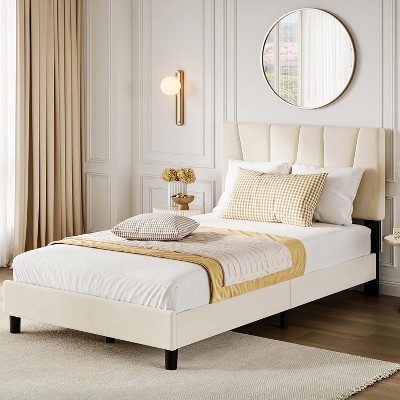 Bed Frame with Adjustable Headboard, Velvet Upholstered Tufted Twin Platform Bedframe with Strong Wooden Slats