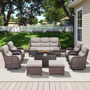 Belord High Back Outdoor Furniture with 6-Inch Thick Cushion, Patio Furniture Set with Fire Pit Table & Swivel Chair, 8PCS Wicker Conversation Set - 1 of 4