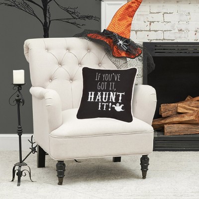 Black Embroidered Halloween Throw Pillow with Ghost Design