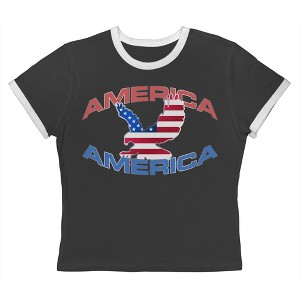 Rerun Island Women's America Eagle Flag  Americana 4Th Of July Short Sleeve Graphic Cotton Retro Vintage Ranger Baby Tee - Caviar White L - 1 of 4