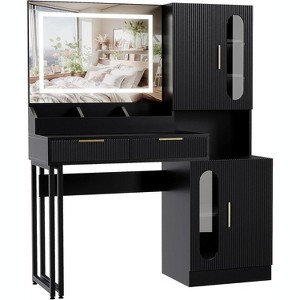 Vanity Desk with Mirror and Lights, Makeup Table with Charging Station & Drawers, 3 Color LED Lighting, Fluted Modern Design for Bedroom, Black - 1 of 4