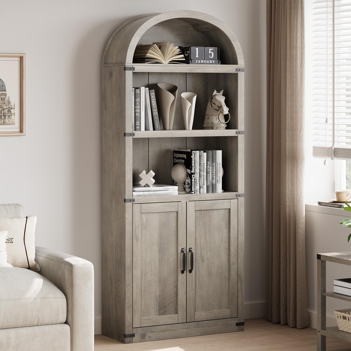 Jojoka Bookcase with Doors Arched Bookshelf 71.65in Tall Farmhouse ...