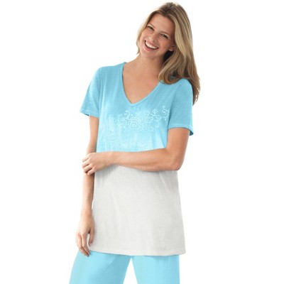 Woman Within Plus Size Short-Sleeve V-Neck Embroidered Dip Dye Tunic