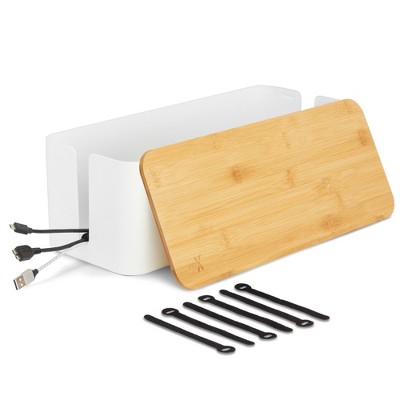 ionX Box for Cable Management, 1 Large ABS Cord Organizer Box with Bamboo Lid, White