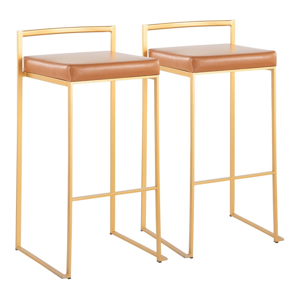 Photos - Chair Set of 2 Fuji Stackable Barstools Leather/Steel Gold/Camel - LumiSource