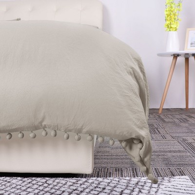 Beige Microfiber Queen Duvet Cover Set with Pompon Tassels