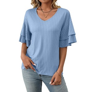 Clearlove Women's V-Neck Peplum Top with Textured Detail - 1 of 4