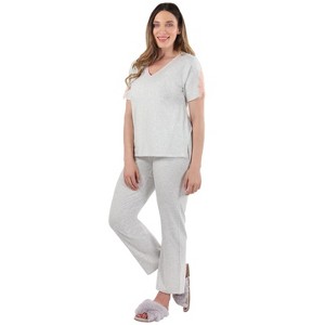 Memoi Women's Cotton Blend Lace Trim Short Sleeve Top and Pants Sleep Set - 1 of 4
