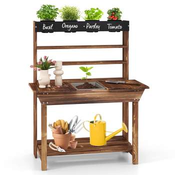 Tangkula Kids Potting Bench Wooden Toy Gardening Center w/ Removable Sink & Chalkboard