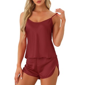 cheibear Women's Silky Satin Adjustable Straps Cami Top and Shorts Pajamas Sets - 1 of 4