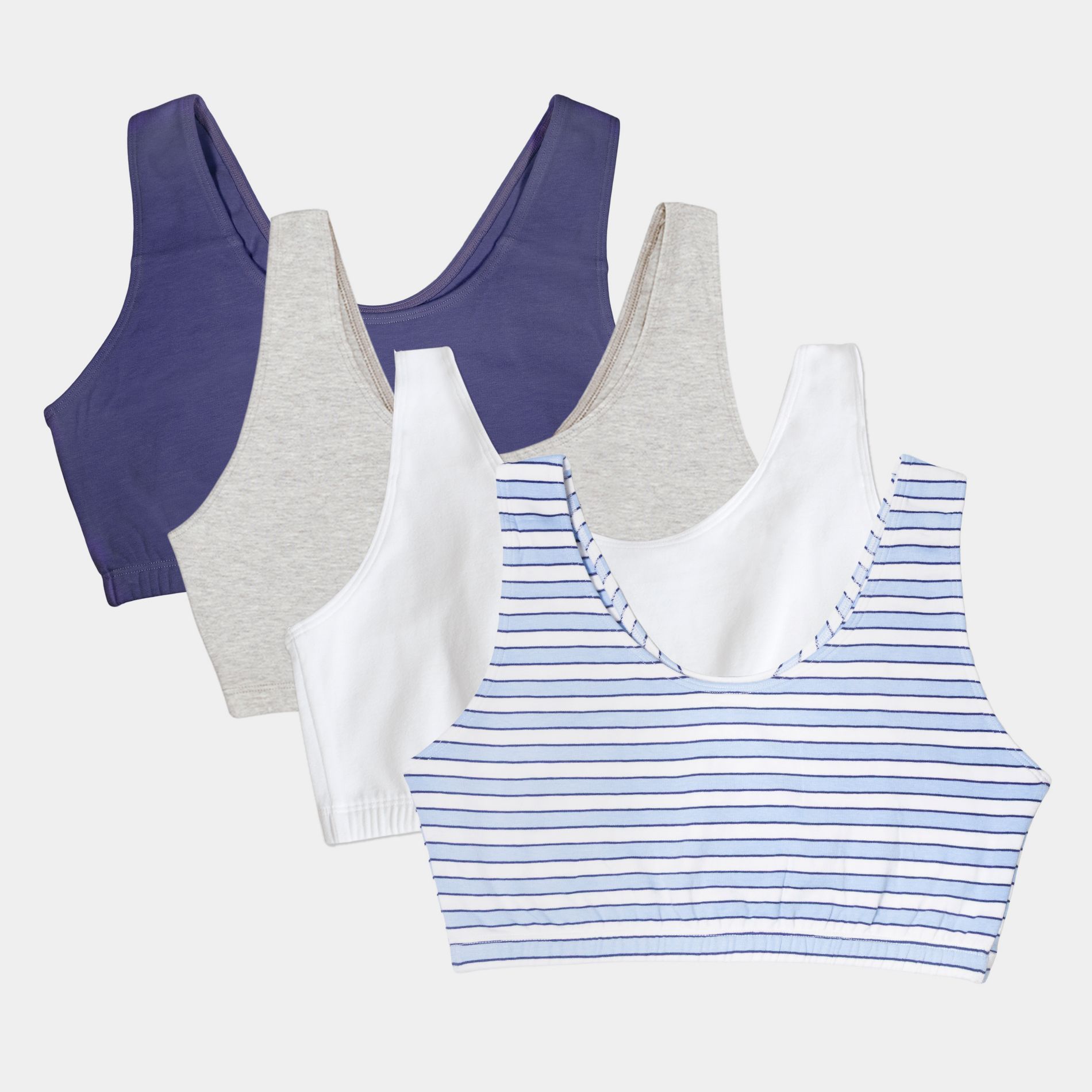 Fruit of the Loom Women's Tank Style Cotton Sports Bra 4-Pack Cottage Stripe/Skipper Blue/Grey/White 42