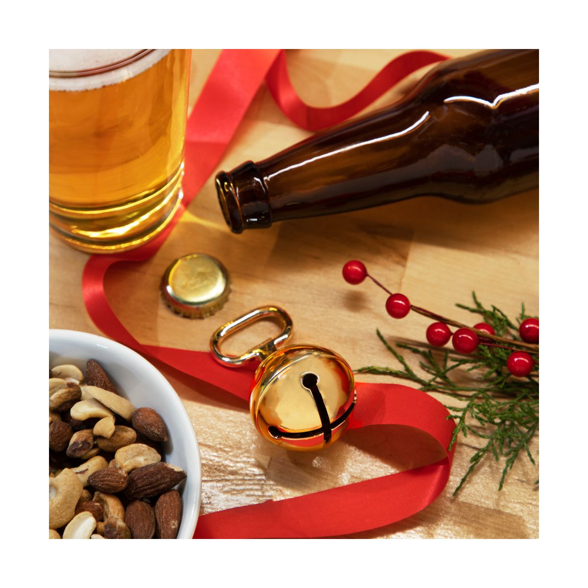 Twine Gold Jingle Bell Bottle Opener, Holiday Beer Bottle Opener, Christmas Beer Gift, Gold, Set of 1, 3 Inches - thumbnail 2