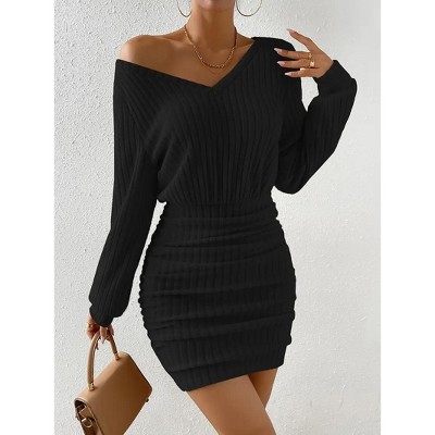 Womens V Neck Dress Ribbed Knit Long Sleeve High Waist Bodycon Mini Dress