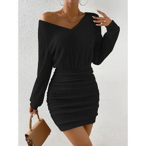 Womens V Neck Dress Ribbed Knit Long Sleeve High Waist Bodycon Mini Dress - 1 of 4