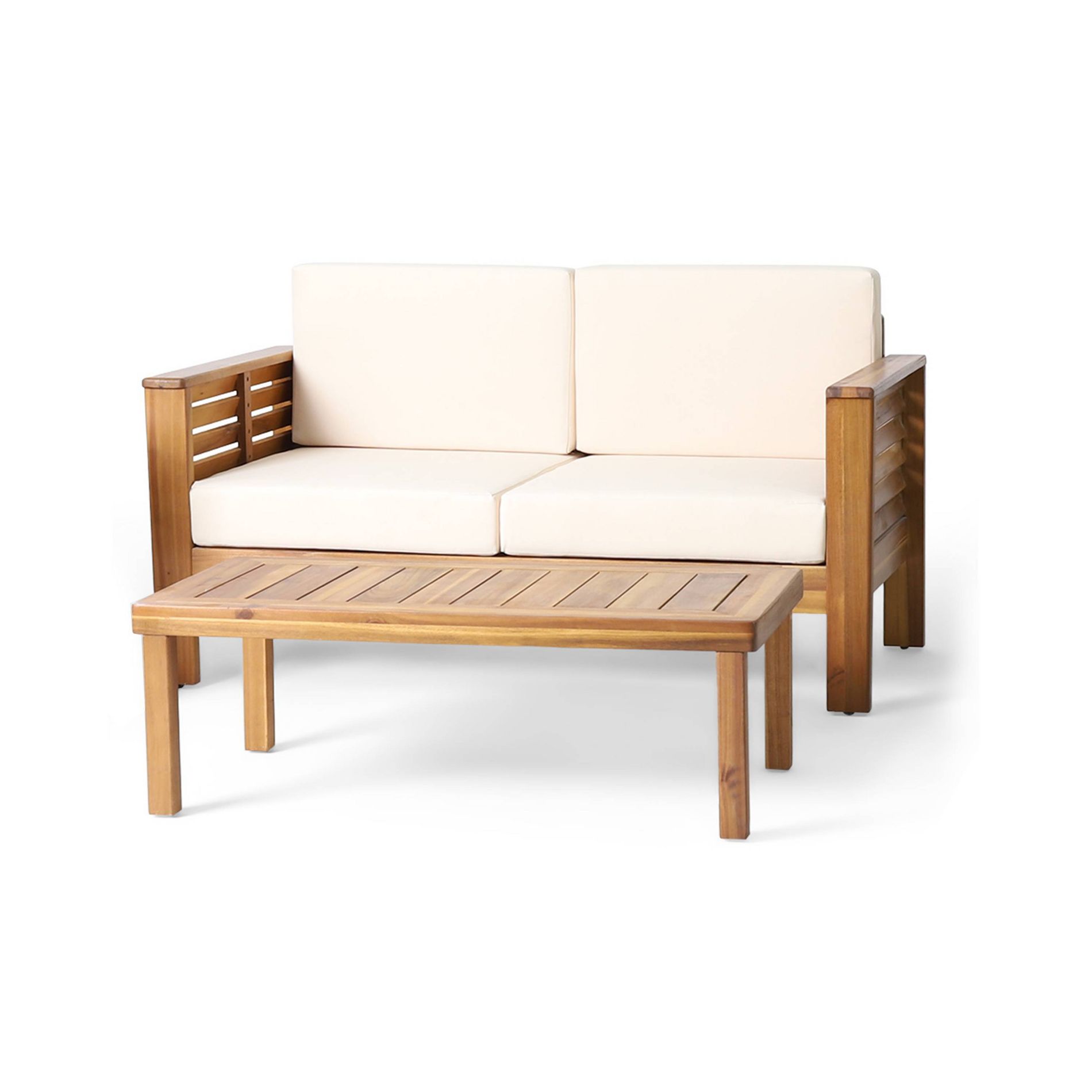 Christopher Knight 2pc Home Louver Outdoor Acacia Loveseat and Coffee Table Set with Cushions