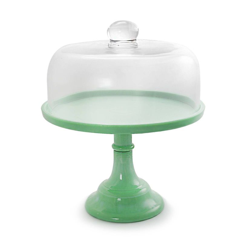 Gibson Home 10&#34; Stoneware Cake Stand with Glass Dome Cover Green, 1 of 4