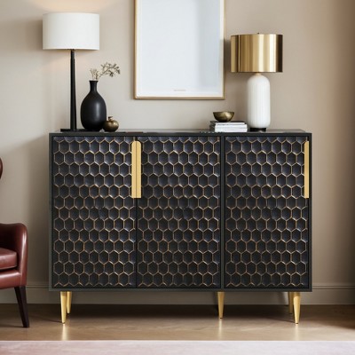 3 Door Storage Cabinet,Buffeet Sideboard with Adjustable Shelves,Honeycomb Seamless Hexagons Pattern Metal Door - Leovsnove