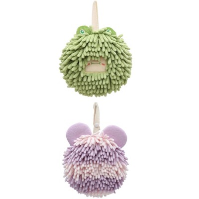 REGALWOVEN 2 Packs Chenille Fuzzy Cute Bear Shape Decorative Soft Absorbent Hanging Ball Hand Towels 7" x 7"