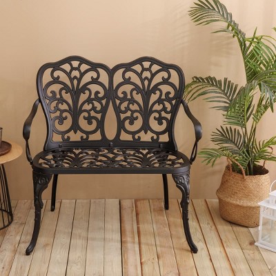 Cast Aluminum Patio Bench Outdoor Garden Bench with Floral Backrest Decorative Park Bench for Lawn Porch Yard or Balcony Seating-The Pop Home
