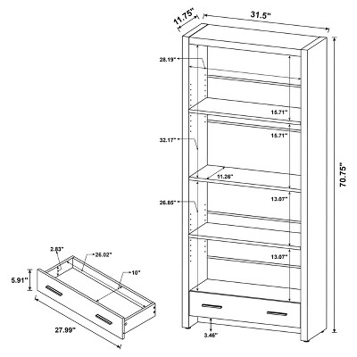 Transitional Skylar 70.75" Cappuccino Wood Bookcase with Storage Drawer