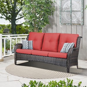 POCASSY 74" Wide Outdoor Wicker Patio Sofa with Cushions, All Weather Wicker Furniture Sofa 3 Seater Couch for Porch, Deck, Balcony - 1 of 4