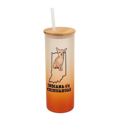 Elanze Designs The Hoosier State Indiana Loves Chihuahuas Orange and White Ombre Frosted Glass Travel Tumbler with Straw and Wooden Lid, 25 Ounce
