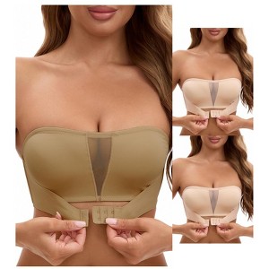 INSPIRE CHIC 3 Packs Women's Mesh Front Closure Push Up Wirefree Bandeau Strapless Breathable Tube Bras - 1 of 4
