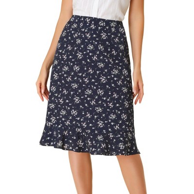 Allegra K Women's Ruffle Hem Elastic Back Button Split Floral Midi Skirt