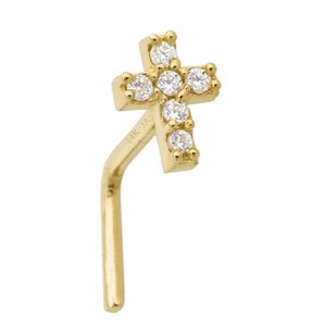 Jewelry Avalanche 20G 14K Gold L-Shape Cross Nose Stud – CZ Accented Religious Nose Jewelry - 1 of 4